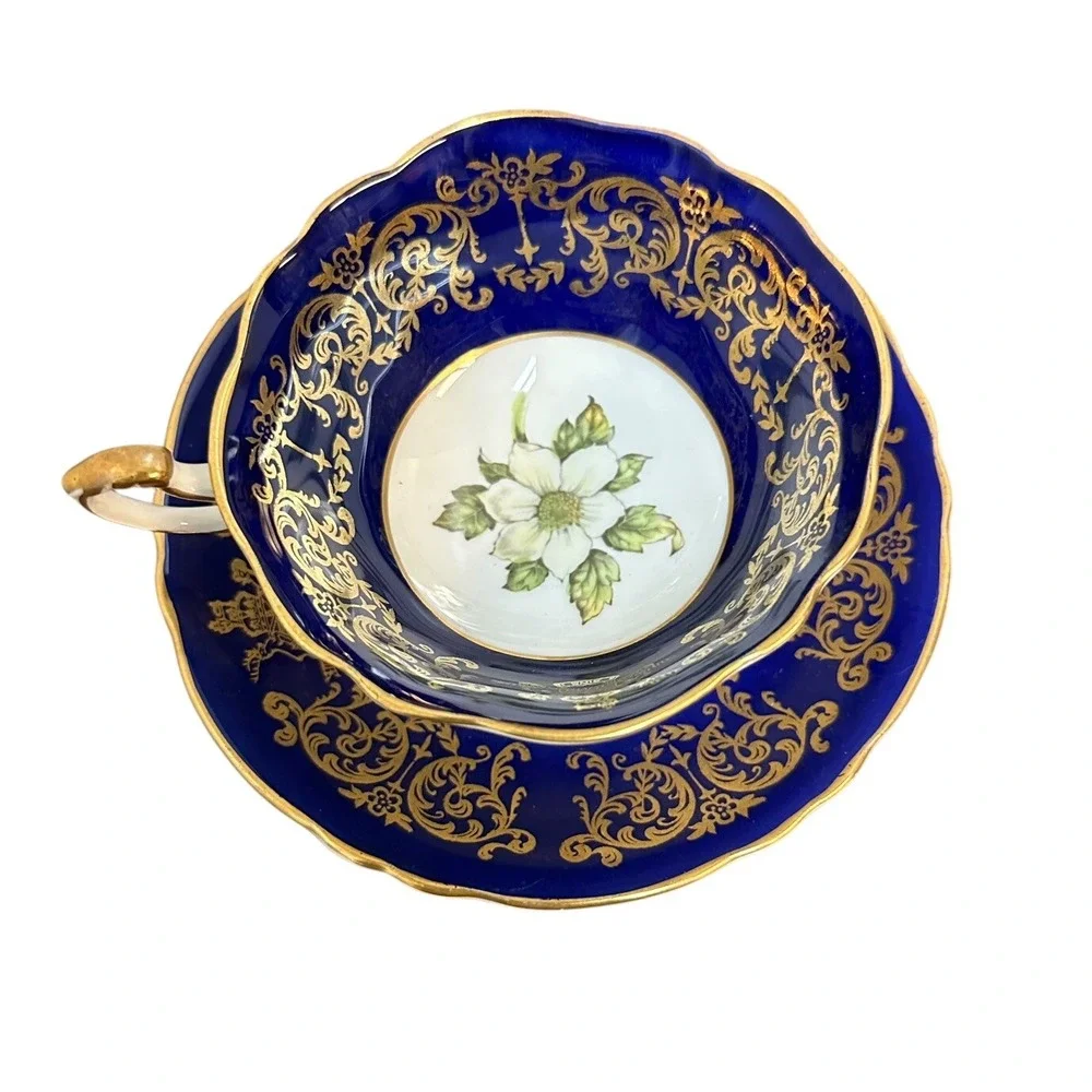 Paragon Teacup and Saucer Set Gold Blue Flower Dogwood 1958 Centennial